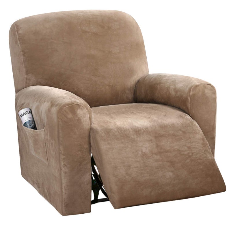 H.VERSAILTEX Velvet Stretch Recliner Couch Covers 4-Pieces Style Recliner Chair Covers Recliner Cover for Reclining Chair Slipcovers Feature Non Slip Form Fitted Thick Soft Washable, Camel - Image 1